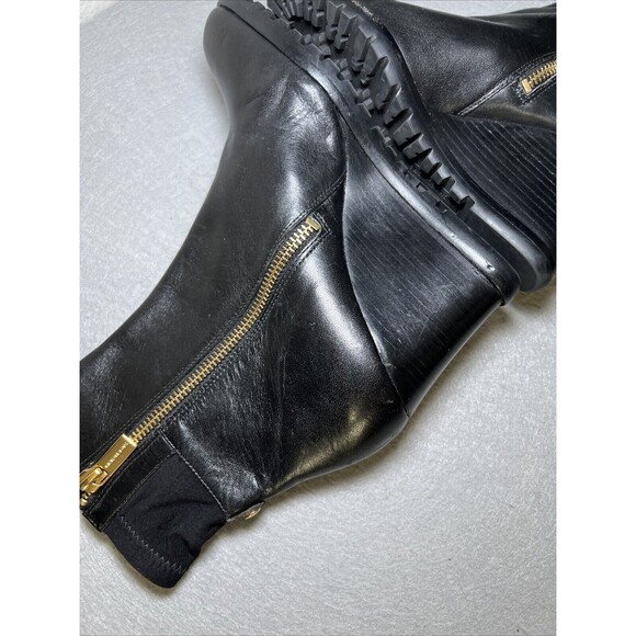Michael Kors Leather Ankle Bootie Wedge Womens 6.5 Black Gold Accents - Picture 9 of 13